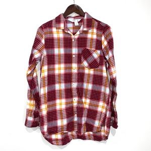 OLD NAVY Women's Medium Red Yellow White Plaid Long Sleeve Tunic Flannel Shirt